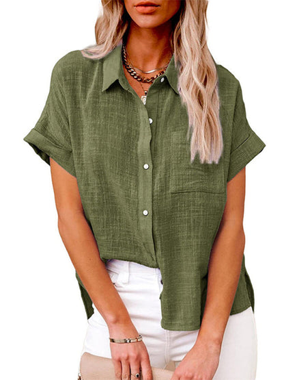 Tops- Textured Pocketed Button-Front Short Sleeve Shirt- Olive green- Pekosa Women Clothing