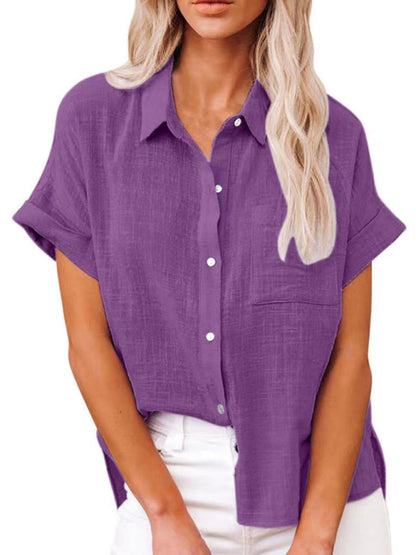 Tops- Textured Pocketed Button-Front Short Sleeve Shirt- Purple- Pekosa Women Clothing