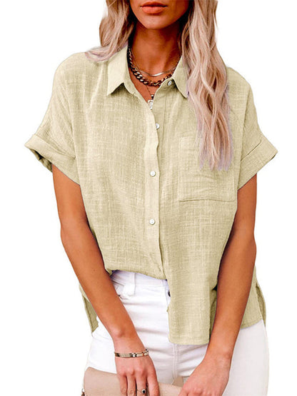 Tops- Textured Pocketed Button-Front Short Sleeve Shirt- Cream- Pekosa Women Clothing