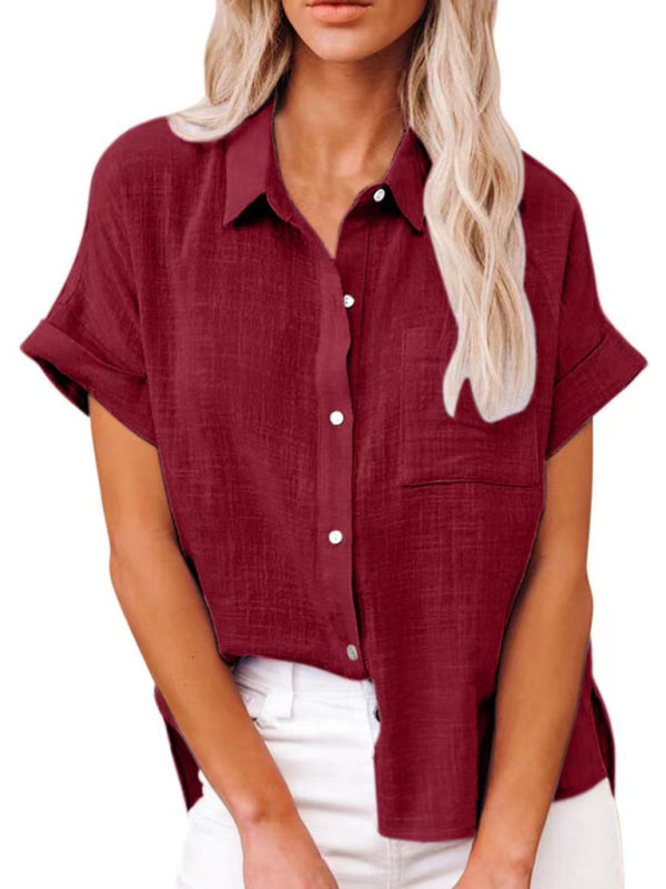 Tops- Textured Pocketed Button-Front Short Sleeve Shirt- Wine Red- Pekosa Women Clothing