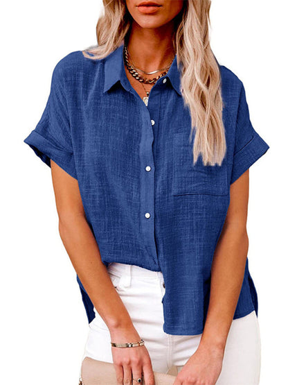 Tops- Textured Pocketed Button-Front Short Sleeve Shirt- Blue- Pekosa Women Clothing