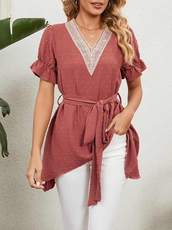 Tops- Tie-Front Chiffon Blouse with Asymmetrical Hem and Lace Accents- - Pekosa Women Clothing