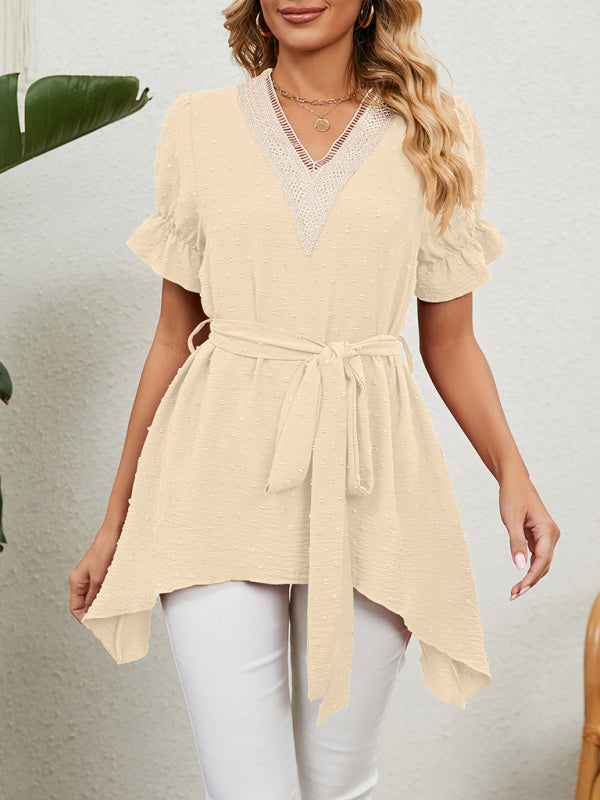 Tops- Tie-Front Chiffon Blouse with Asymmetrical Hem and Lace Accents- Cracker khaki- Pekosa Women Clothing