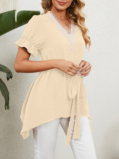 Tops- Tie-Front Chiffon Blouse with Asymmetrical Hem and Lace Accents- - Pekosa Women Clothing