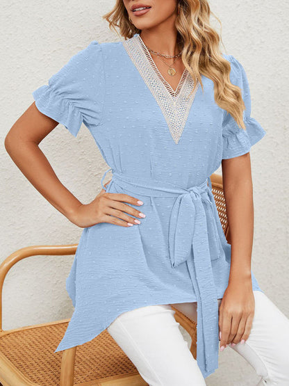 Tops- Tie-Front Chiffon Blouse with Asymmetrical Hem and Lace Accents- - Pekosa Women Clothing