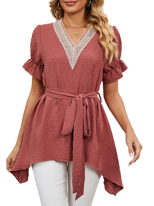 Tops- Tie-Front Chiffon Blouse with Asymmetrical Hem and Lace Accents- - Pekosa Women Clothing