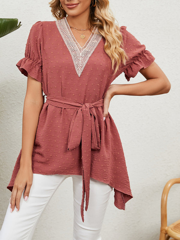 Tops- Tie-Front Chiffon Blouse with Asymmetrical Hem and Lace Accents- - Pekosa Women Clothing