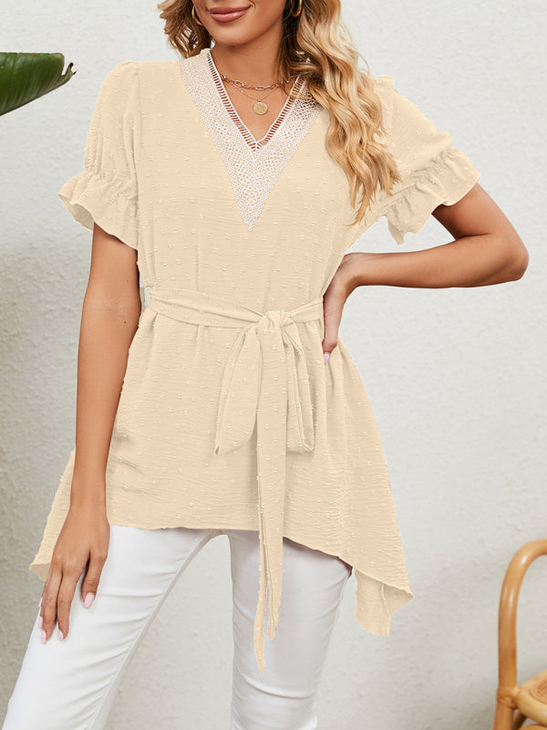 Tops- Tie-Front Chiffon Blouse with Asymmetrical Hem and Lace Accents- - Pekosa Women Clothing