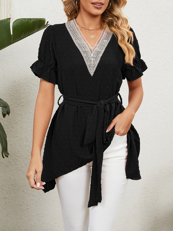 Tops- Tie-Front Chiffon Blouse with Asymmetrical Hem and Lace Accents- - Pekosa Women Clothing