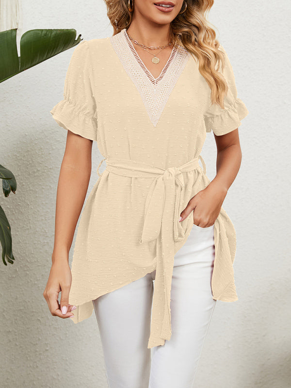 Tops- Tie-Front Chiffon Blouse with Asymmetrical Hem and Lace Accents- - Pekosa Women Clothing