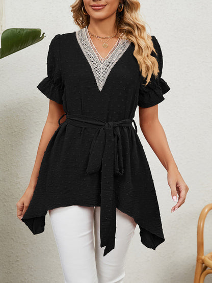 Tops- Tie-Front Chiffon Blouse with Asymmetrical Hem and Lace Accents- - Pekosa Women Clothing