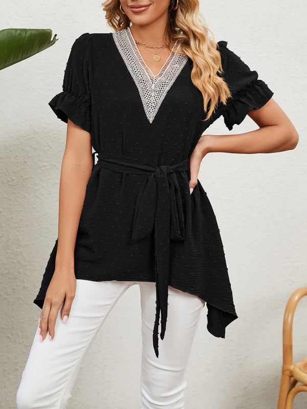 Tops- Tie-Front Chiffon Blouse with Asymmetrical Hem and Lace Accents- - Pekosa Women Clothing