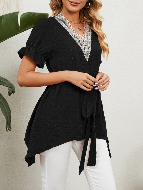 Tops- Tie-Front Chiffon Blouse with Asymmetrical Hem and Lace Accents- - Pekosa Women Clothing