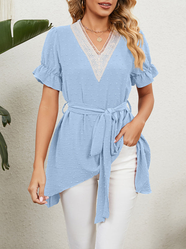 Tops- Tie-Front Chiffon Blouse with Asymmetrical Hem and Lace Accents- Sky blue azure- Pekosa Women Clothing