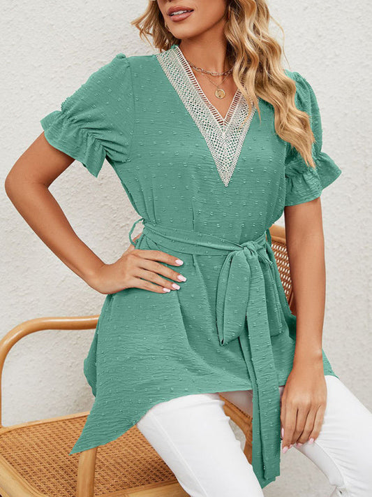 Tops- Tie-Front Chiffon Blouse with Asymmetrical Hem and Lace Accents- Green- Pekosa Women Clothing