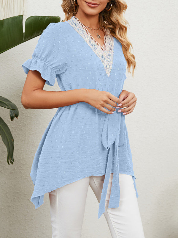 Tops- Tie-Front Chiffon Blouse with Asymmetrical Hem and Lace Accents- - Pekosa Women Clothing