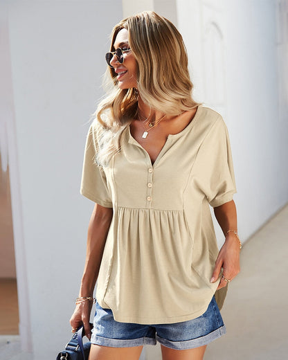 Tops- Trendy & Comfy: Women's Button Down T-Shirt - Pleated Loose Top- - Pekosa Women Clothing