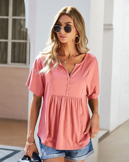 Tops- Trendy & Comfy: Women's Button Down T-Shirt - Pleated Loose Top- - Pekosa Women Clothing