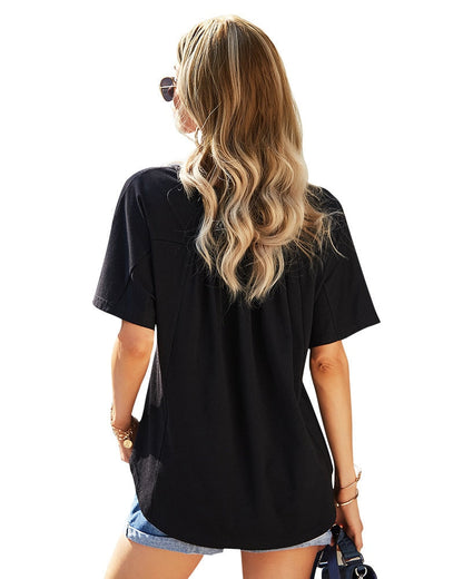 Tops- Trendy & Comfy: Women's Button Down T-Shirt - Pleated Loose Top- - Pekosa Women Clothing