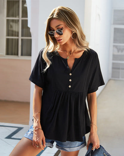 Tops- Trendy & Comfy: Women's Button Down T-Shirt - Pleated Loose Top- Black- Pekosa Women Clothing