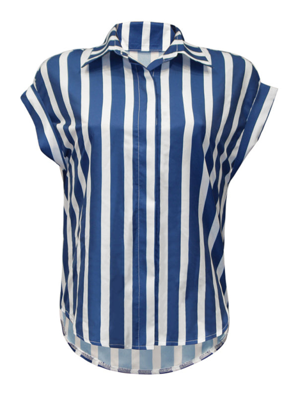 Tops- Upgrade Your Wardrobe and Feel Confident with Our Stripe Button-Down Top - Tee Shirt- - Pekosa Women Clothing