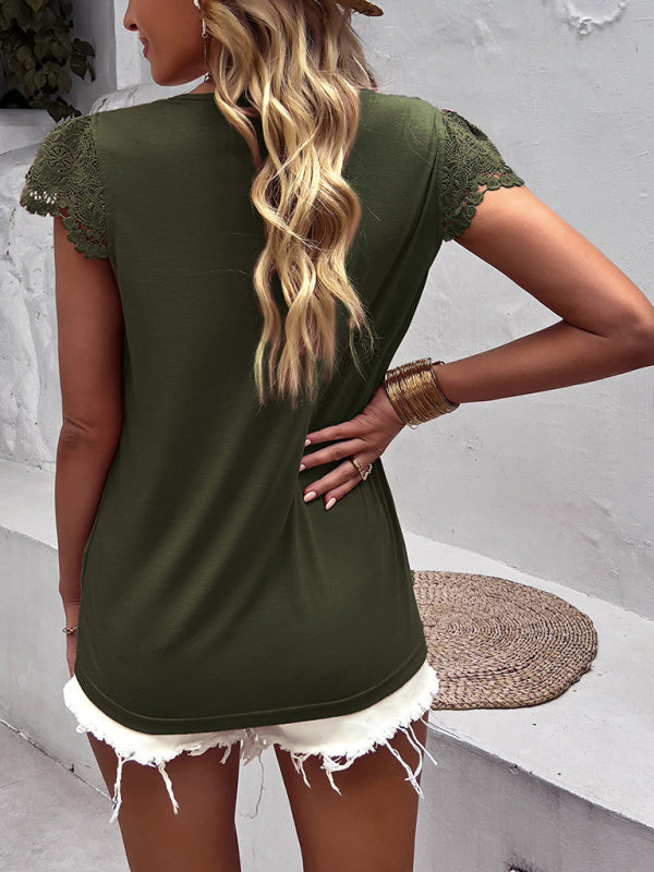 Tops- V-Neck Blouse | Short Sleeve Solid Top with Lace Accents- - Pekosa Women Clothing