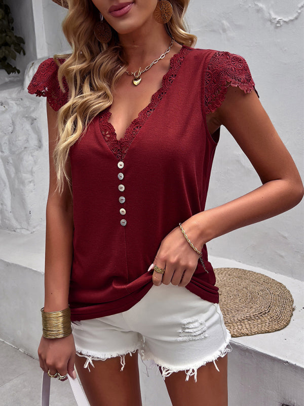 Tops- V-Neck Blouse | Short Sleeve Solid Top with Lace Accents- - Pekosa Women Clothing