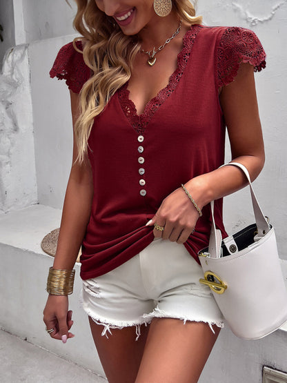 Tops- V-Neck Blouse | Short Sleeve Solid Top with Lace Accents- - Pekosa Women Clothing