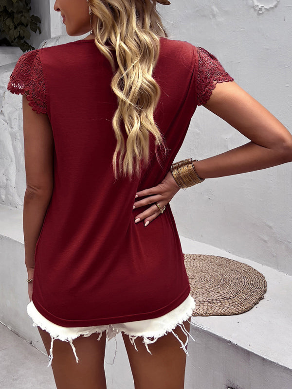 Tops- V-Neck Blouse | Short Sleeve Solid Top with Lace Accents- - Pekosa Women Clothing