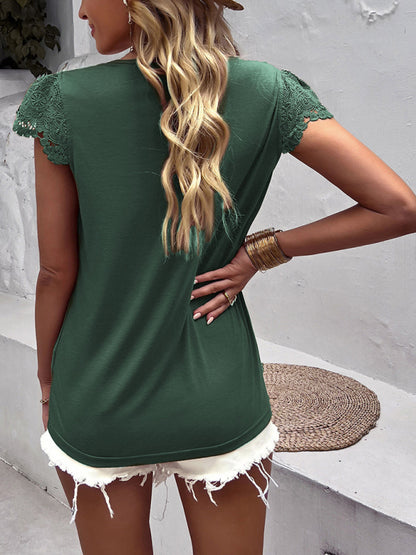 Tops- V-Neck Blouse | Short Sleeve Solid Top with Lace Accents- - Pekosa Women Clothing