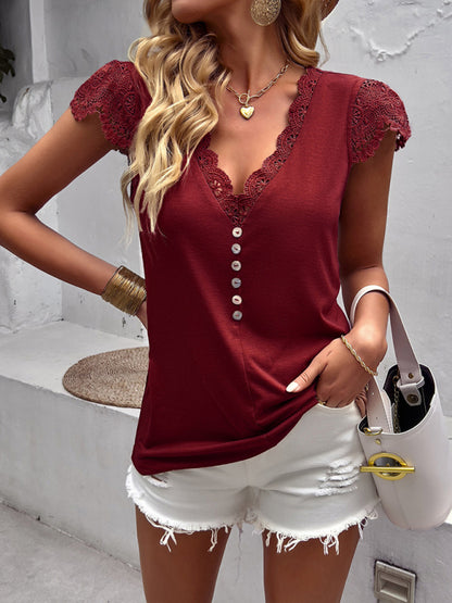 Tops- V-Neck Blouse | Short Sleeve Solid Top with Lace Accents- Wine Red- Pekosa Women Clothing