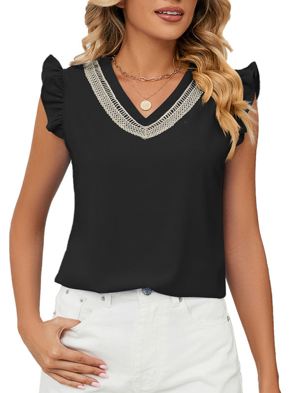 Tops- V-Neck Sleeveless Blouse with Ruffle Accents - Women's Top- - Pekosa Women Clothing