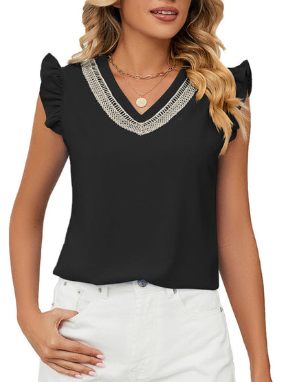 Tops- V-Neck Sleeveless Blouse with Ruffle Accents - Women's Top- - Pekosa Women Clothing