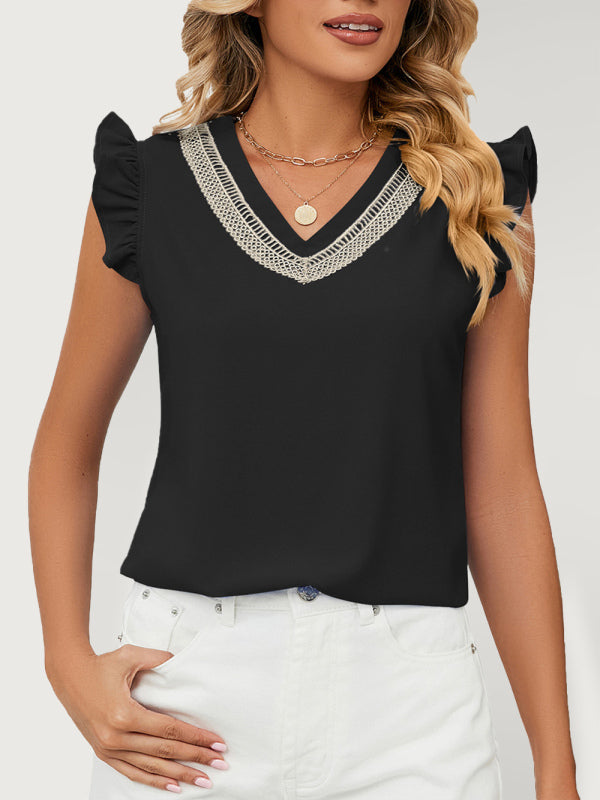 Tops- V-Neck Sleeveless Blouse with Ruffle Accents - Women's Top- Black- Pekosa Women Clothing