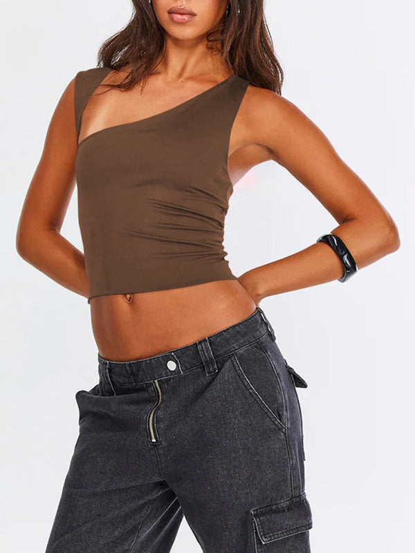 Tops- Women Sculpt Solid Stretchy One-Shoulder Fitted Top- Coffee- Pekosa Women Fashion