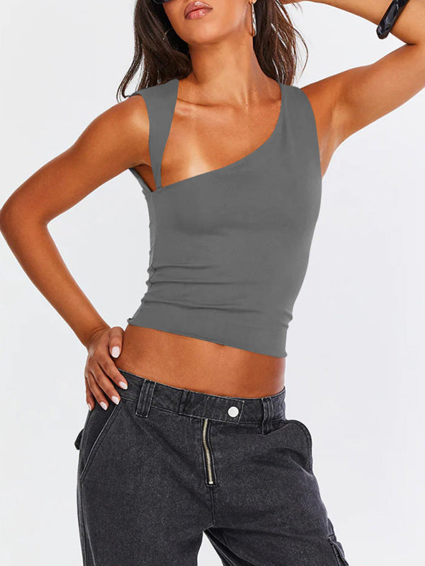 Tops- Women Sculpt Solid Stretchy One-Shoulder Fitted Top- Charcoal grey- Pekosa Women Fashion