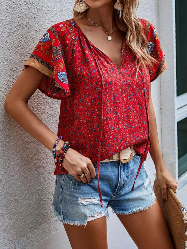 Tops- Women's Bohemian V-Neck Floral Loose Blouse with Flared Sleeves- - Pekosa Women Clothing