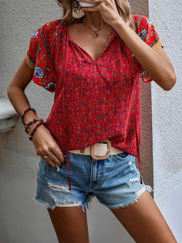 Tops- Women's Bohemian V-Neck Floral Loose Blouse with Flared Sleeves- - Pekosa Women Clothing