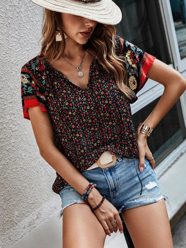 Tops- Women's Bohemian V-Neck Floral Loose Blouse with Flared Sleeves- - Pekosa Women Clothing