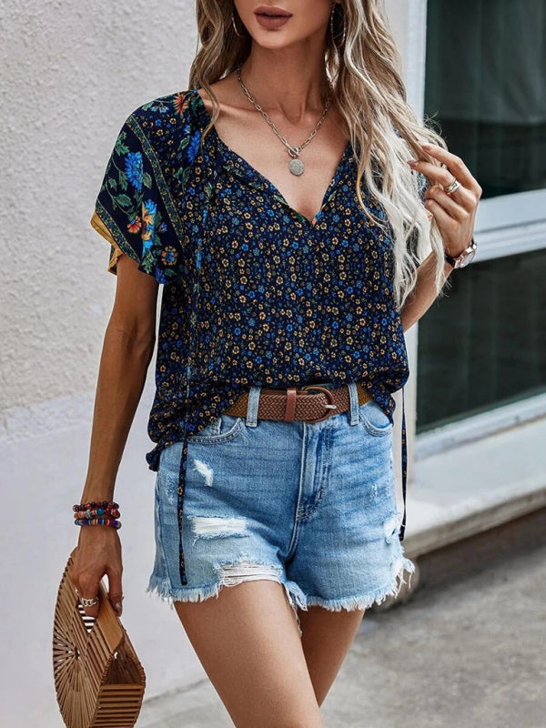 Tops- Women's Bohemian V-Neck Floral Loose Blouse with Flared Sleeves- - Pekosa Women Clothing