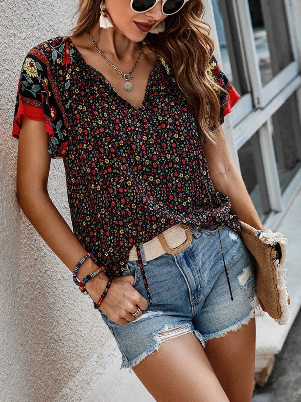 Tops- Women's Bohemian V-Neck Floral Loose Blouse with Flared Sleeves- - Pekosa Women Clothing