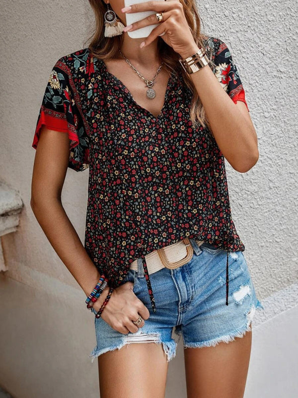 Tops- Women's Bohemian V-Neck Floral Loose Blouse with Flared Sleeves- - Pekosa Women Clothing