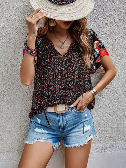 Tops- Women's Bohemian V-Neck Floral Loose Blouse with Flared Sleeves- Coffee- Pekosa Women Clothing