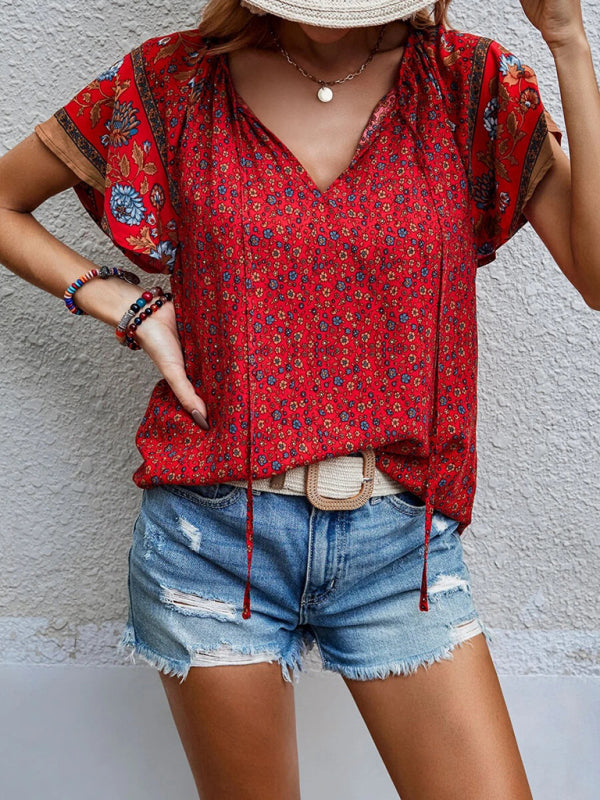 Tops- Women's Bohemian V-Neck Floral Loose Blouse with Flared Sleeves- Red- Pekosa Women Clothing