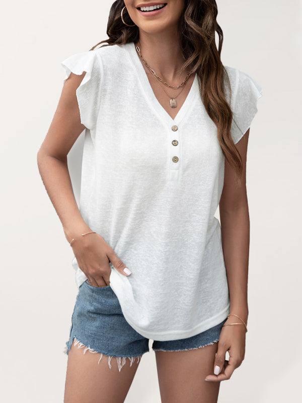 Tops- Women's Casual Button V Neck T-Shirt - Top- White- Pekosa Women Clothing