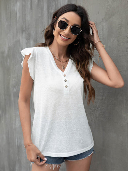 Tops- Women's Casual Button V Neck T-Shirt - Top- - Pekosa Women Clothing