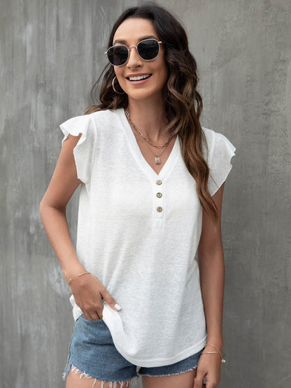 Tops- Women's Casual Button V Neck T-Shirt - Top- - Pekosa Women Clothing