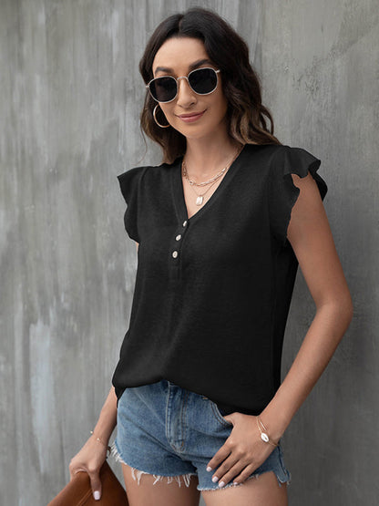 Tops- Women's Casual Button V Neck T-Shirt - Top- - Pekosa Women Clothing