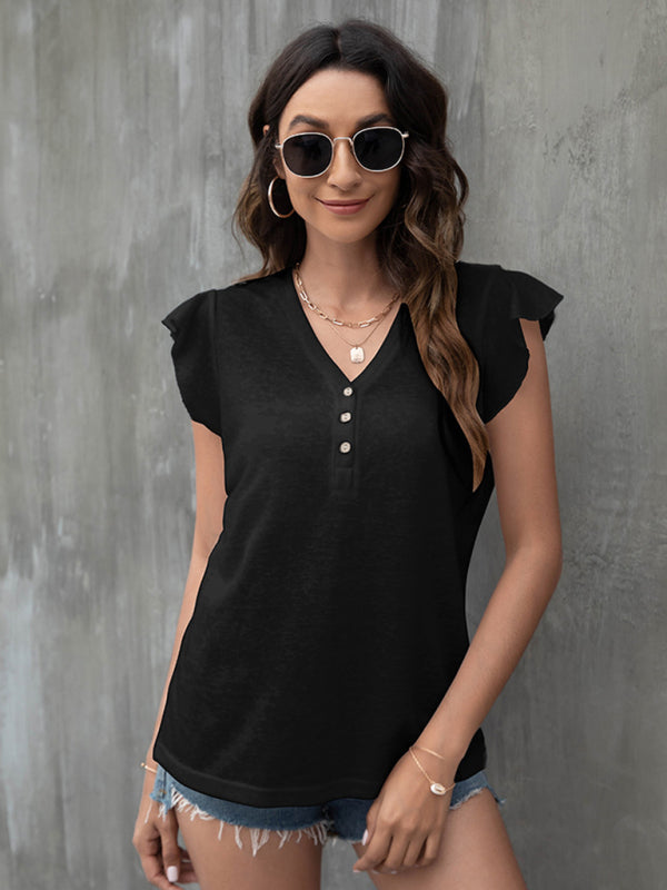 Tops- Women's Casual Button V Neck T-Shirt - Top- Black- Pekosa Women Clothing