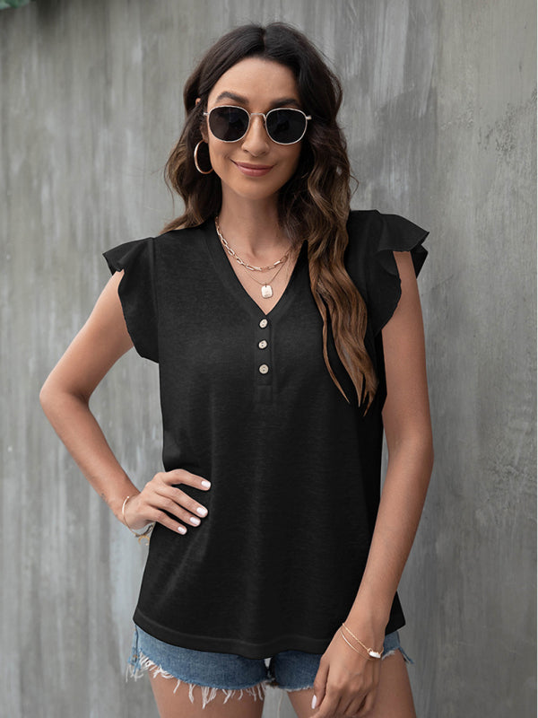 Tops- Women's Casual Button V Neck T-Shirt - Top- - Pekosa Women Clothing